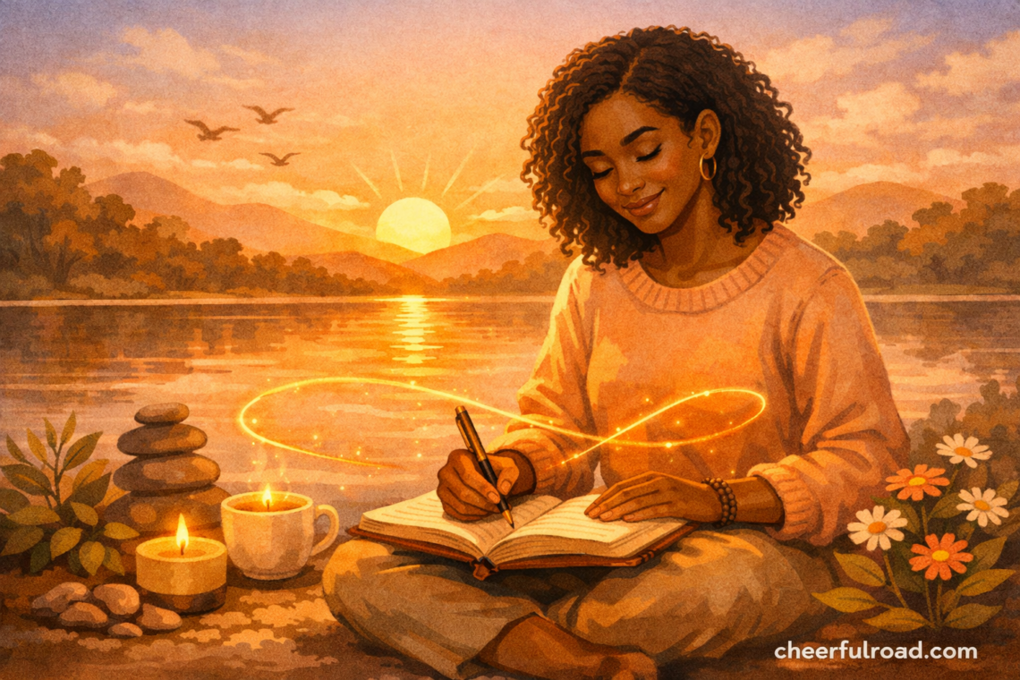 Woman with curly hair writing in a notebook by a lakeside at sunset, candles glowing nearby and flowers in foreground.
