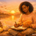 Woman with curly hair writing in a notebook by a lakeside at sunset, candles glowing nearby and flowers in foreground.