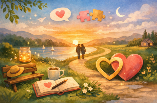 Romantic sunset scene with a couple walking along a path by a lake, surrounded by hearts and warm lights.